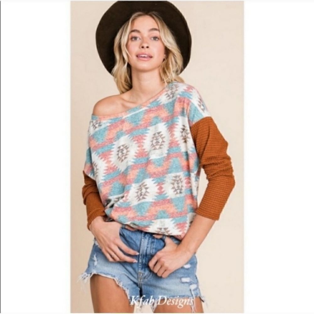 Color Block Aztec Print Relaxed Fit Thermal Top Sz L - Picture 6 of 9